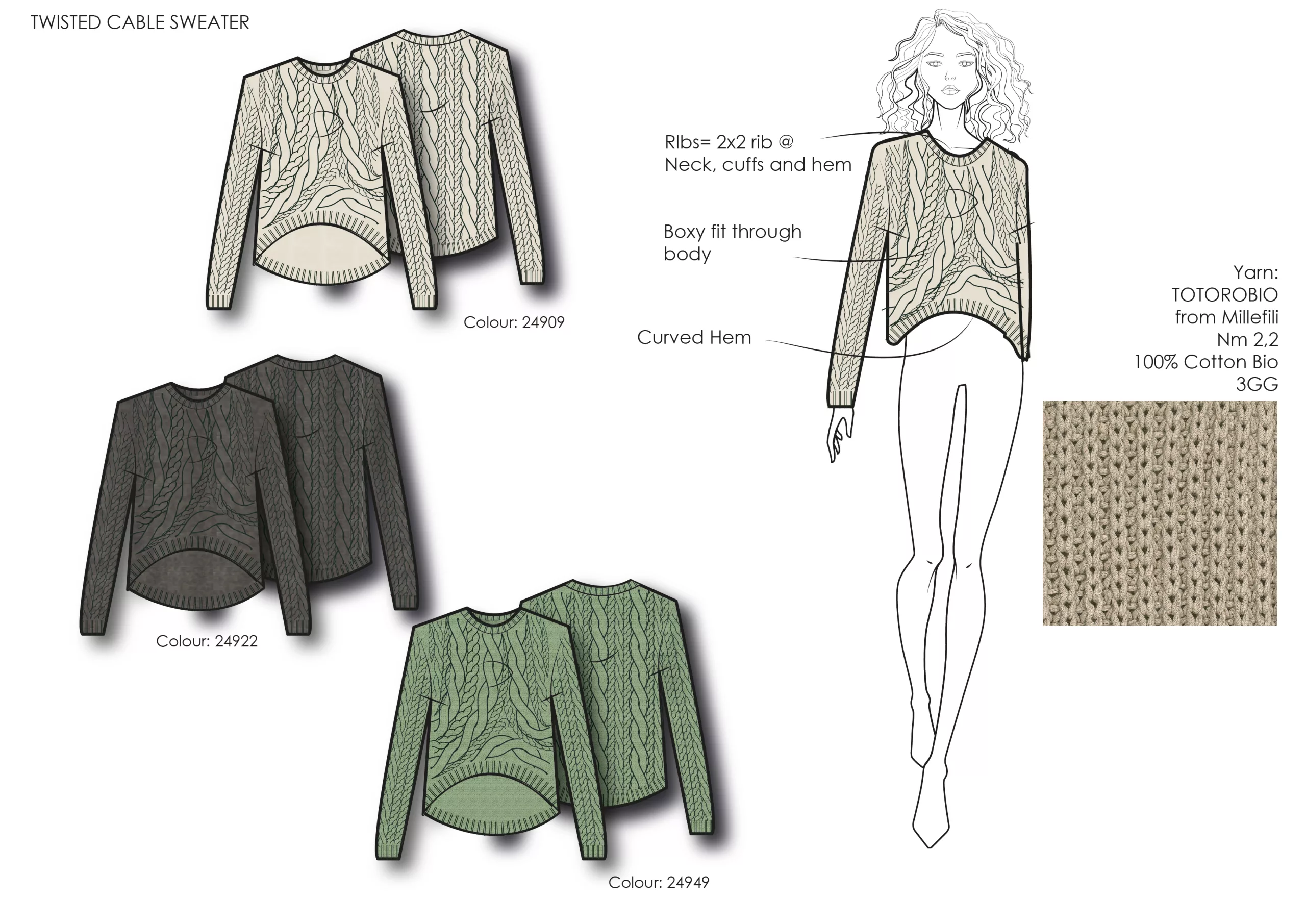 Cable Sweater Front and Back with colourways (3)-01-01 twisted cable portfolio porject for ports 1961<br />
