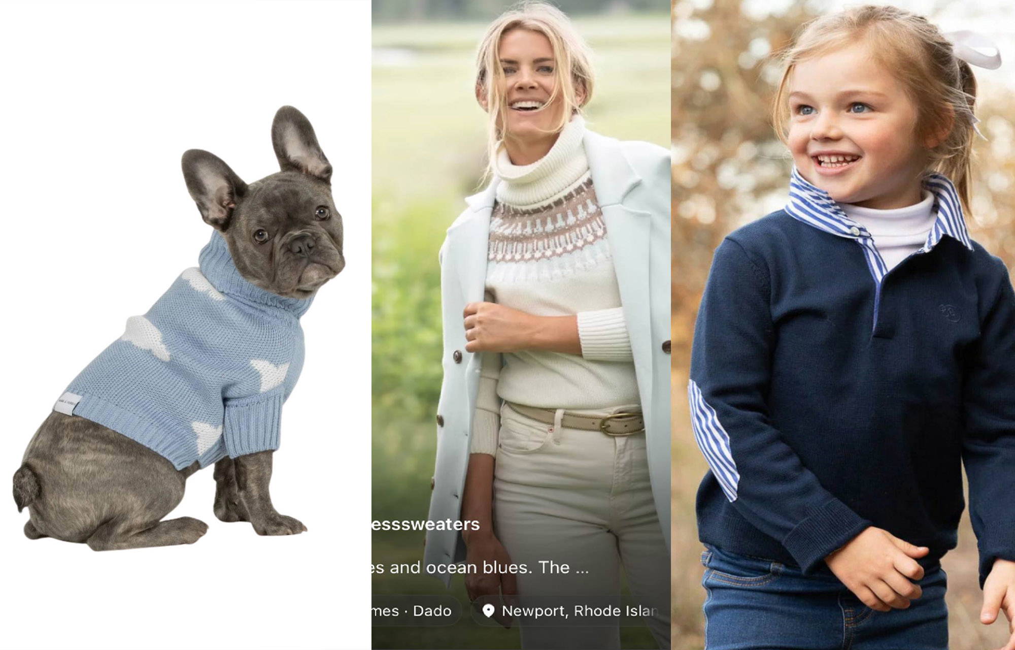 woman wearing grey sweater, child wearing knitted dungarees. man wearing wool polo neck